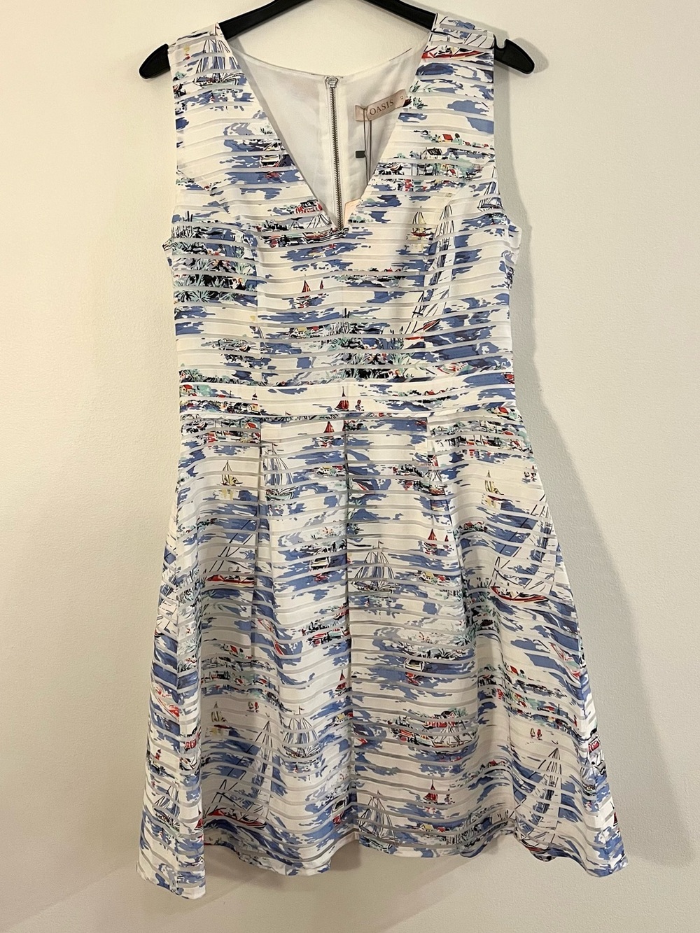 Oasis V-Neck Fit-and-Flare Mini Dress in White and Blue Nautical Boat Print